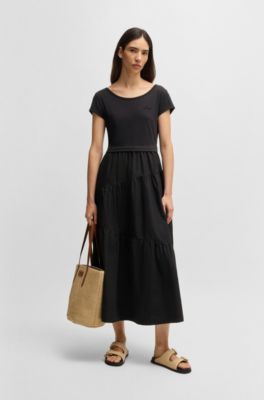 Vestido maxi de punto de algod&oacute;n y popel&iacute;n, Negro