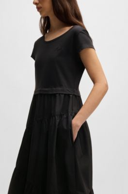Vestido maxi de punto de algod&oacute;n y popel&iacute;n, Negro