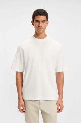 Waffle-cotton T-shirt with embroidered logo, Natural