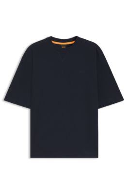 Waffle-cotton T-shirt with embroidered logo, Dark Blue