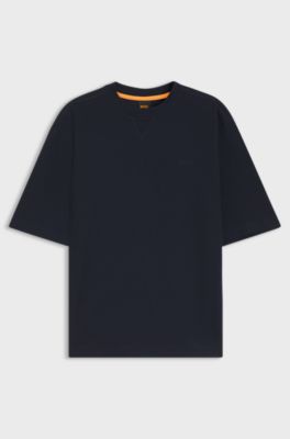 Waffle-cotton T-shirt with embroidered logo, Dark Blue