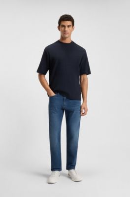 Waffle-cotton T-shirt with embroidered logo, Dark Blue