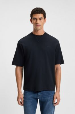 Waffle-cotton T-shirt with embroidered logo, Dark Blue