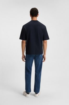 Waffle-cotton T-shirt with embroidered logo, Dark Blue