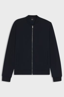 Zip-up sweatshirt in cotton-linen piqu&eacute;, Dark Blue