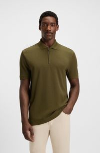 Zip-neck knit polo shirt with waffle structure, Dark Green