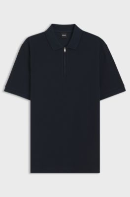 Cotton-blend polo shirt with waffle structure, Dark Blue