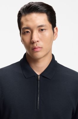 Cotton-blend polo shirt with waffle structure, Dark Blue