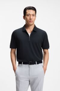 Cotton-blend polo shirt with waffle structure, Dark Blue
