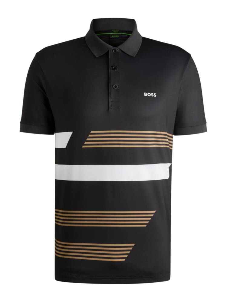 Artikel klicken und genauer betrachten! - Dynamisches BOSS Poloshirt mit Streifen-Print und Branding. Das gerade geschnittene Polo aus Vier-Wege-Stretch-Jersey verspricht hohen Tragekomfort. | im Online Shop kaufen