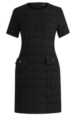 BOSS - Short-sleeved tweed dress with pocket details - Black