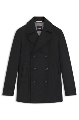 ヒューゴボス カシミヤ混 Pコート スタンドカラー 黒 ジップアップ メタルロゴ ヒューゴボス カシミヤ混 Pコート スタンドカラー 黒 ジップ