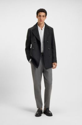 Slim-fit double-breasted short coat in a wool blend, Dark Grey