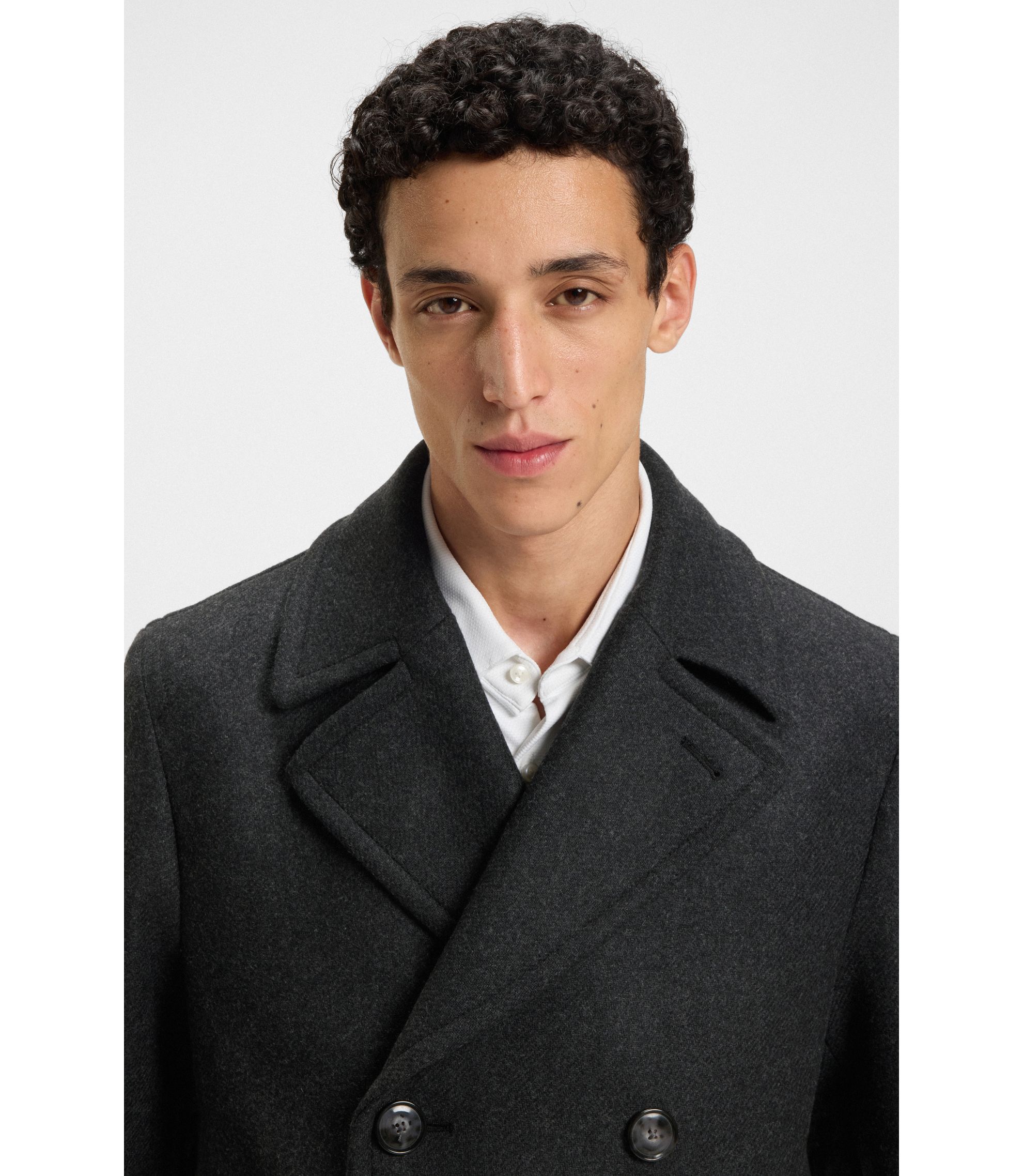 BOSS Slim-fit double-breasted short coat in a wool blend Dark Grey