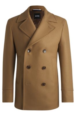 BOSS Slim fit double breasted short coat in a wool blend Beige