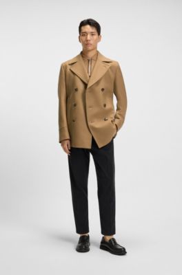 Slim-fit double-breasted short coat in a wool blend, Beige