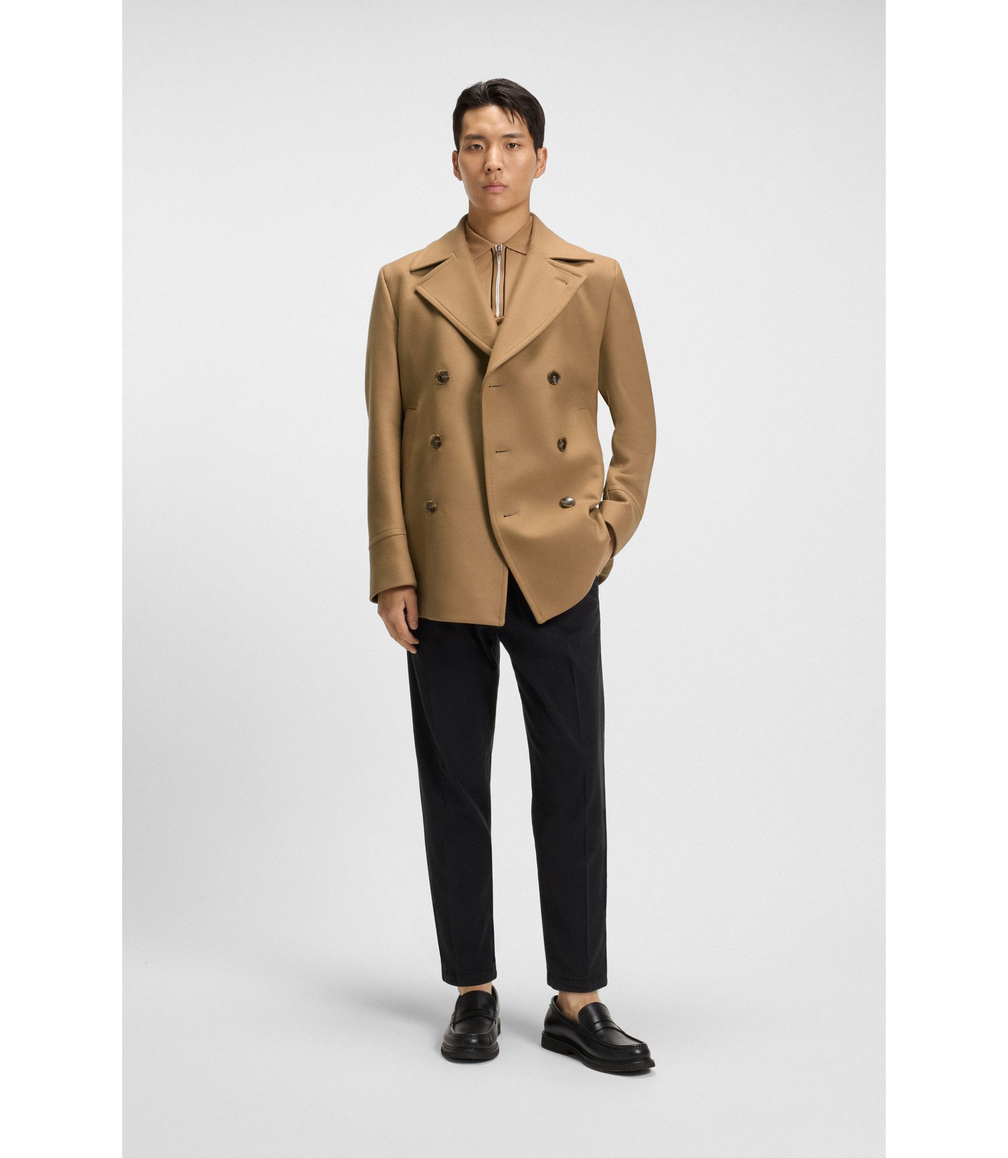 BOSS - スリムフィット ダブルブレスト ショートコート ウール