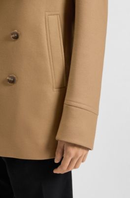Slim-fit double-breasted short coat in a wool blend, Beige