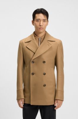 Slim-fit double-breasted short coat in a wool blend, Beige
