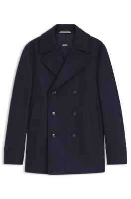 Slim-fit double-breasted short coat in a wool blend, Dark Blue