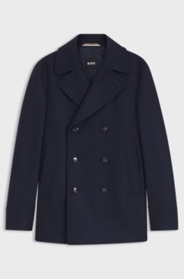Slim-fit double-breasted short coat in a wool blend, Dark Blue