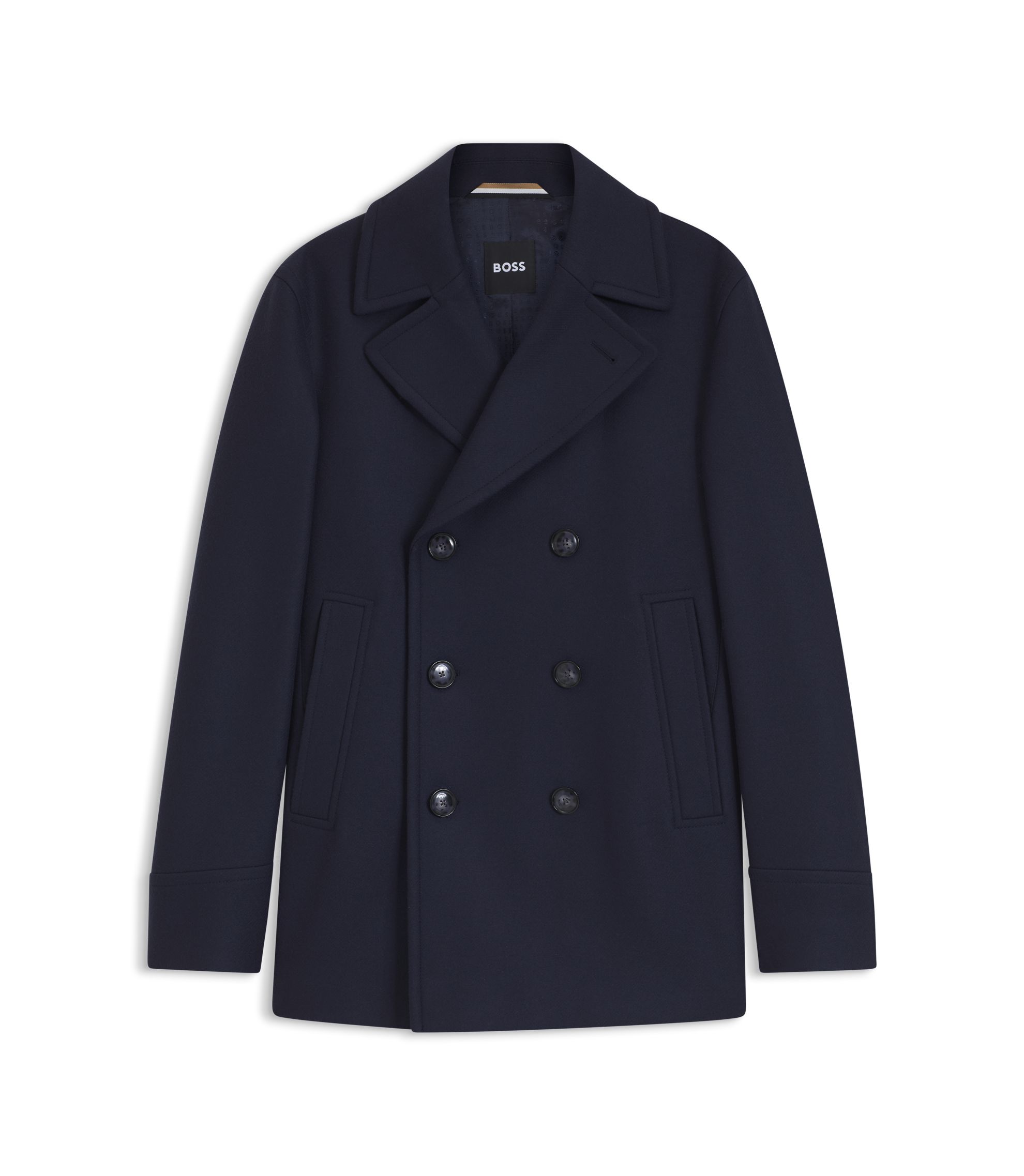 BOSS - Slim-fit double-breasted short coat in a wool blend - Dark Blue