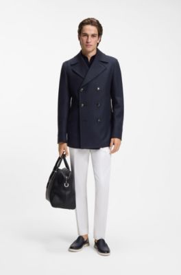 Slim-fit double-breasted short coat in a wool blend, Dark Blue
