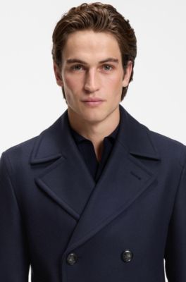 Slim-fit double-breasted short coat in a wool blend, Dark Blue