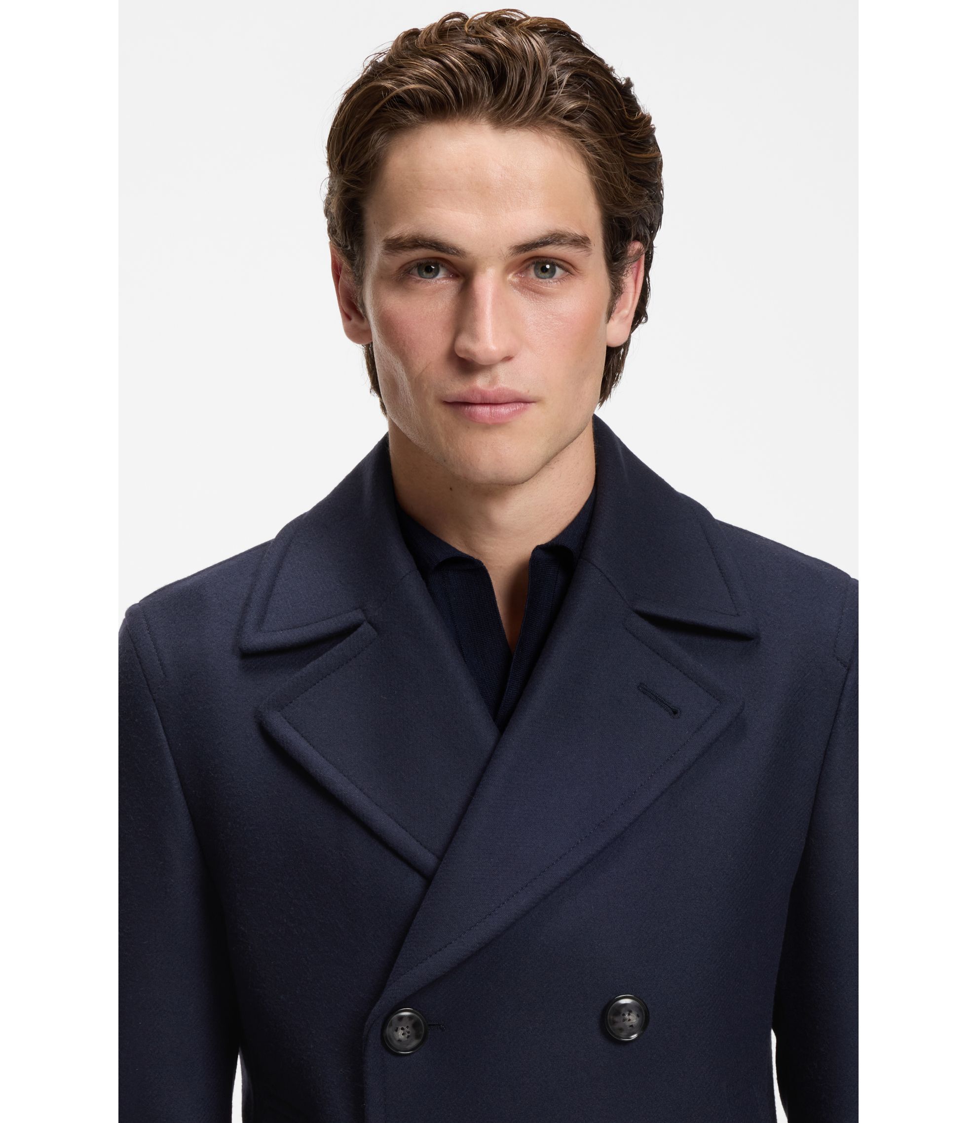 BOSS - Slim-fit double-breasted short coat in a wool blend - Dark Blue