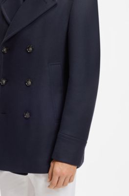 Cappotto corto doppiopetto slim fit in misto lana, Blu scuro