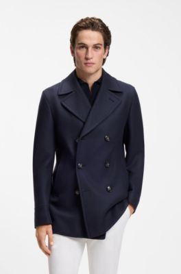Slim-fit double-breasted short coat in a wool blend, Dark Blue