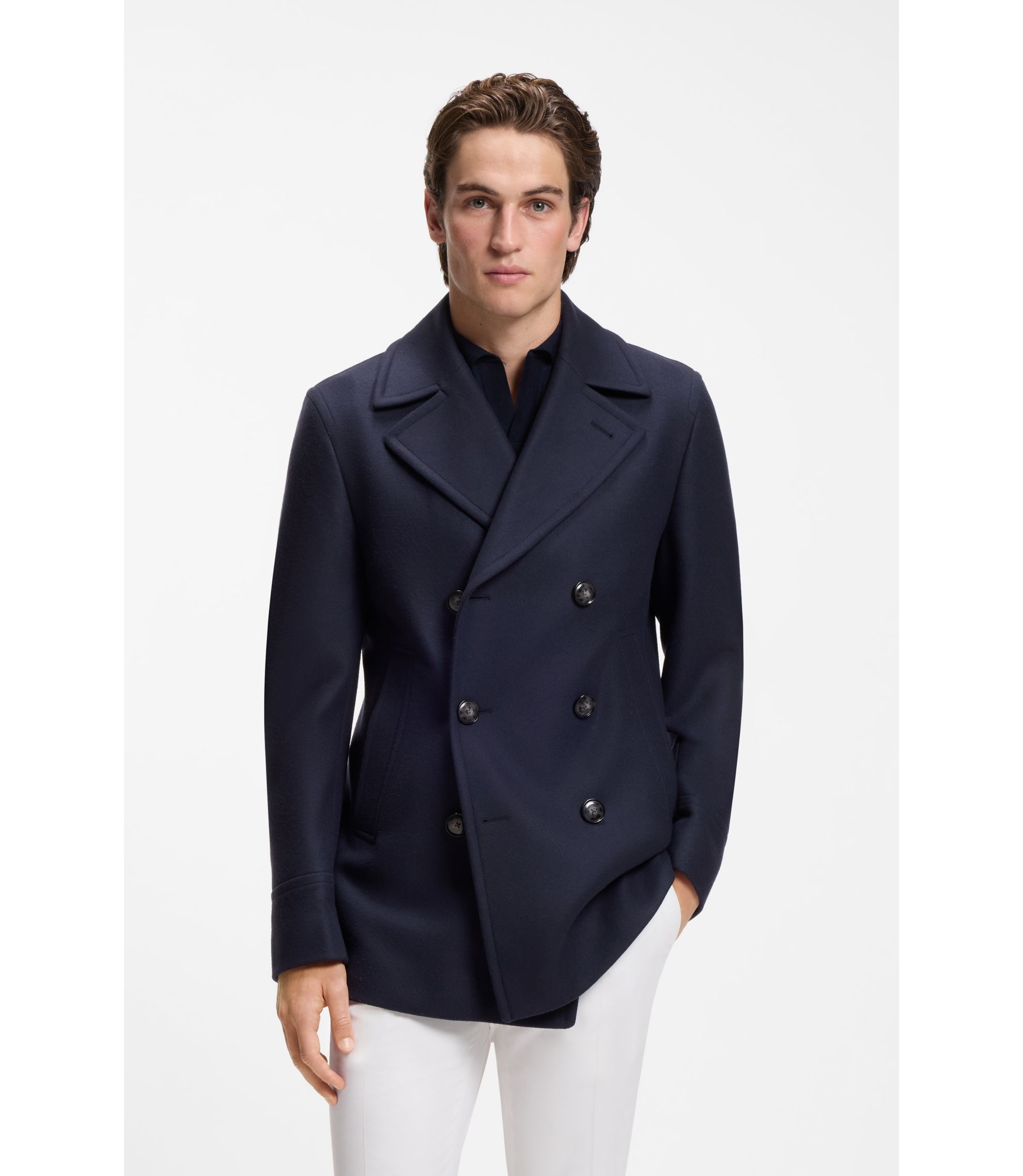 BOSS - Slim-fit double-breasted short coat in a wool blend - Dark Blue