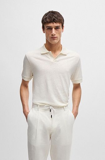 Johnny-collar polo shirt in linen and silk, White