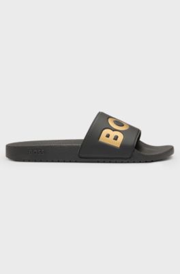 In Itali&euml; vervaardigde slippers met groot logodetail, Zwart