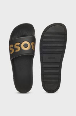 In Itali&euml; vervaardigde slippers met groot logodetail, Zwart