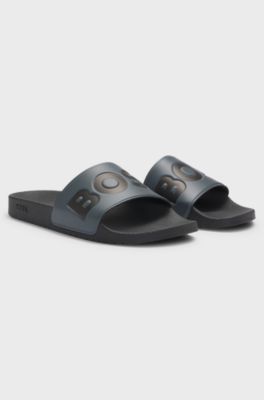 Sandali slider realizzati in Italia con logo di grandi dimensioni, Grigio
