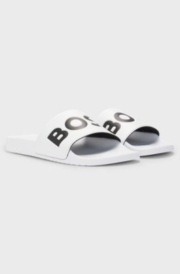 Sandali slider realizzati in Italia con logo di grandi dimensioni, Bianco
