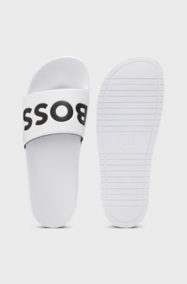 Sandali slider realizzati in Italia con logo di grandi dimensioni, Bianco