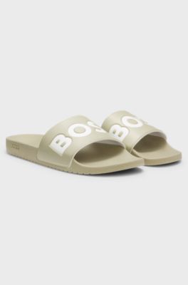 Italian-made slides with large logo detail, Beige