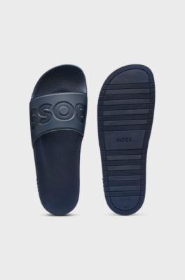 Mules confectionn&eacute;es en Italie avec grand logo, Bleu fonc&eacute;