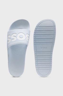 Italian-made slides with large logo detail, Light Blue
