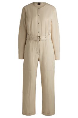 Belted jumpsuit with popper placket, Light Beige