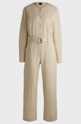 Belted jumpsuit with popper placket, Light Beige