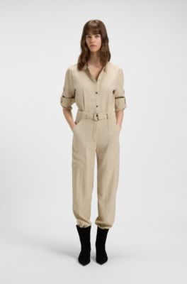 Belted jumpsuit with popper placket, Light Beige