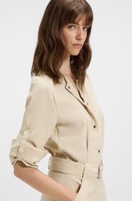 Belted jumpsuit with popper placket, Light Beige