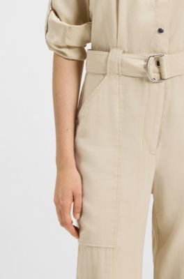 Belted jumpsuit with popper placket, Light Beige