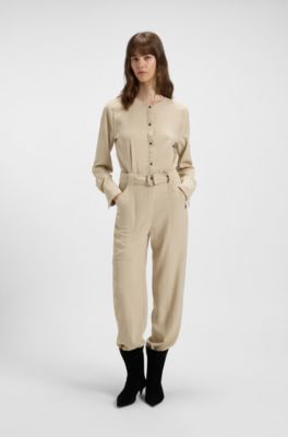 Belted jumpsuit with popper placket, Light Beige