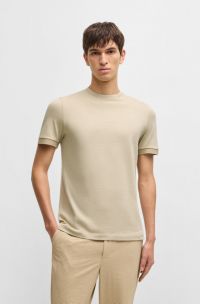 Slim-fit T-shirt van gestructureerde katoen met contrasterende kraag, Lichtbeige