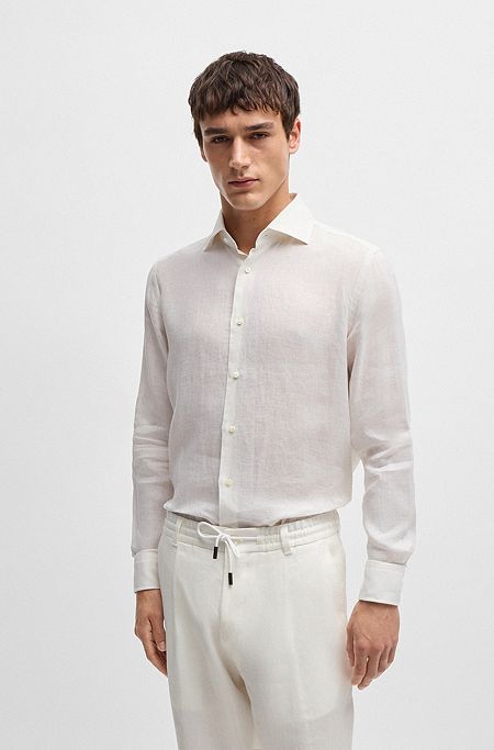 Regular-fit shirt in linen with spread collar, White