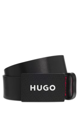 Matte leather belt with branded plaque buckle, Black
